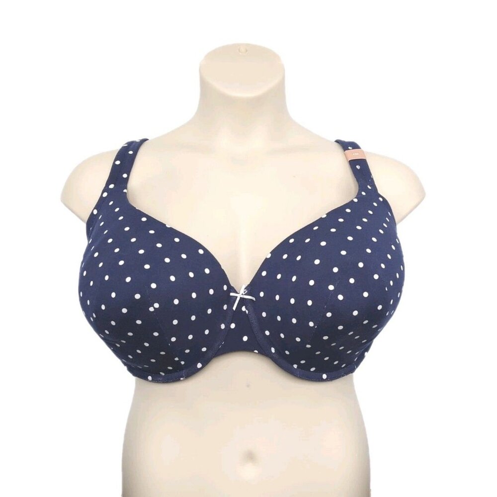 Lane Bryant Cacique Bra Lightly Lined T Shirt Cotton 42H Navy Blue Polka Dot